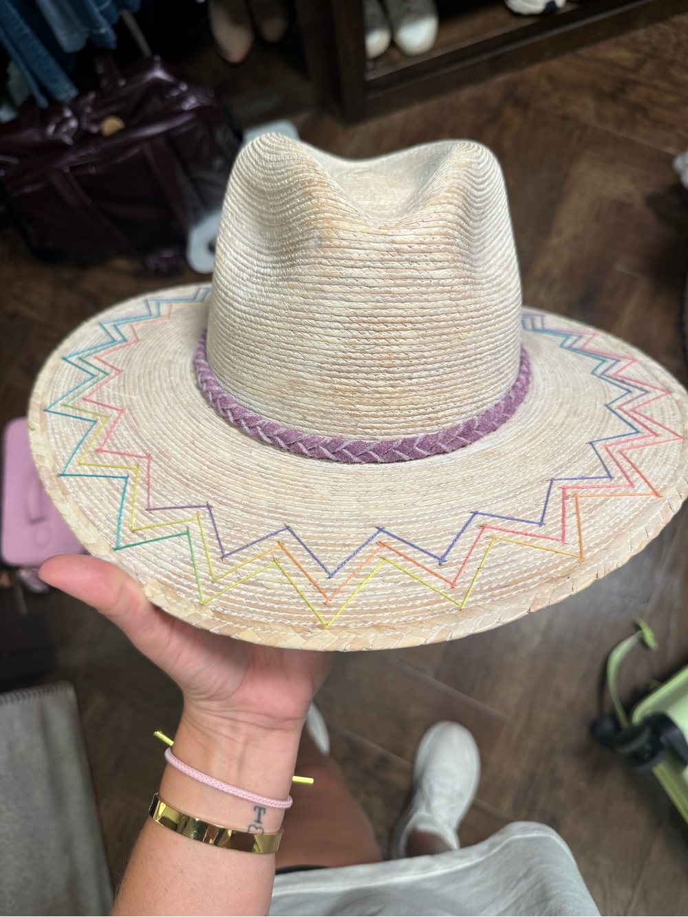 Straw Fedora Hat with Multicolor Zigzag Trim